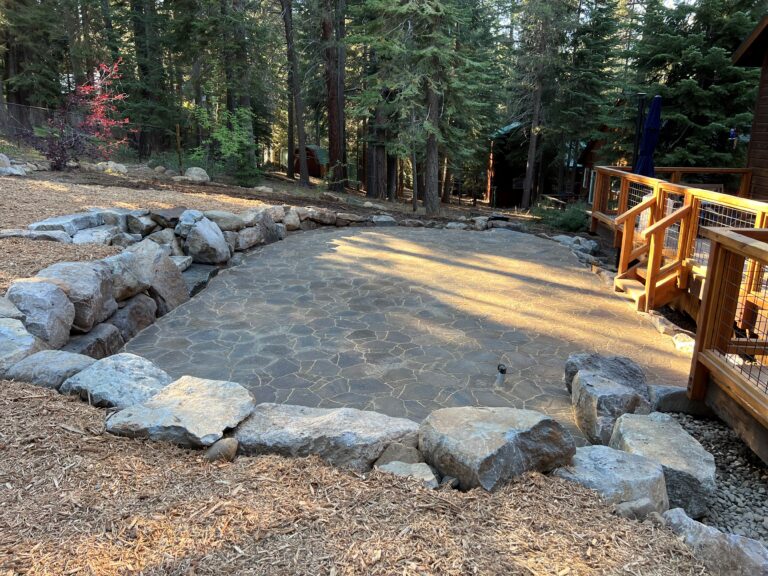 Rainbow Drive, Truckee Backyard Patio, Rock Staircase and Wall